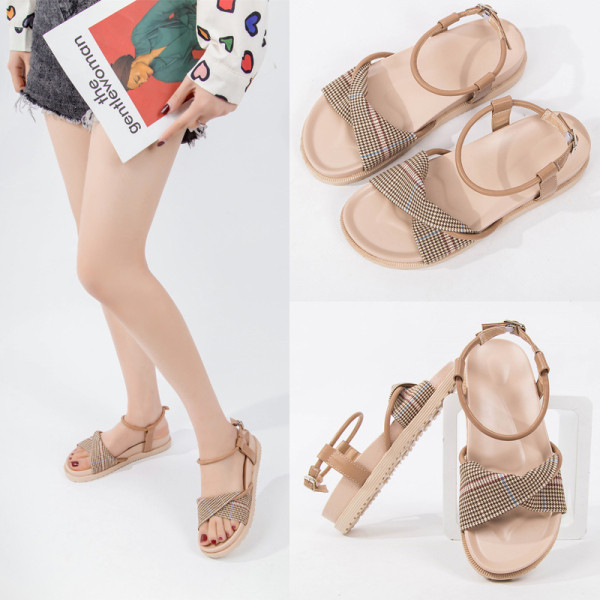 Sieviešu modernas sandales ar plakanām zolēm un rūtainu siksnu