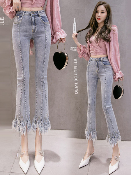 Modern női farmer magas derékkal és rojtokkal Slim modell