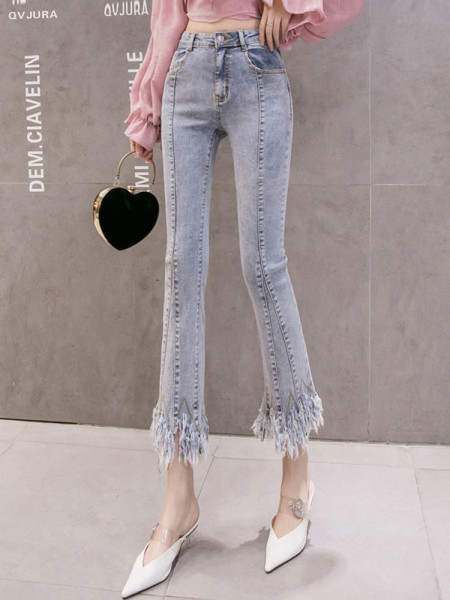 Modern női farmer magas derékkal és rojtokkal Slim modell