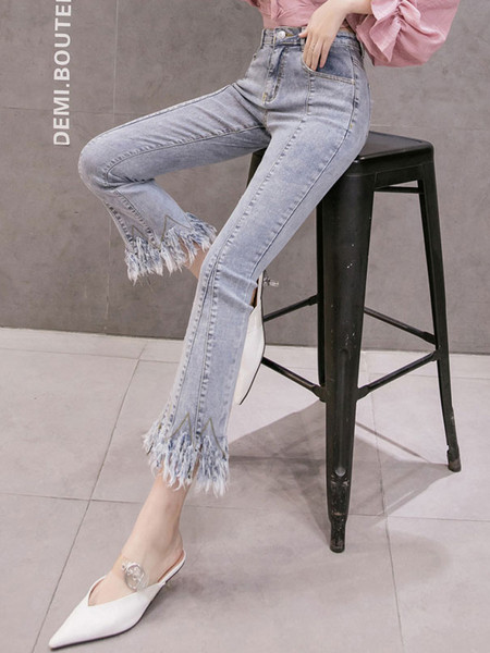 Modern női farmer magas derékkal és rojtokkal Slim modell