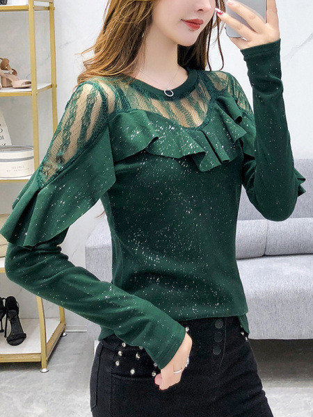 Ikdienas sieviešu blūze ar garām piedurknēm un mežģīnēm