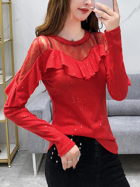 Ikdienas sieviešu blūze ar garām piedurknēm un mežģīnēm