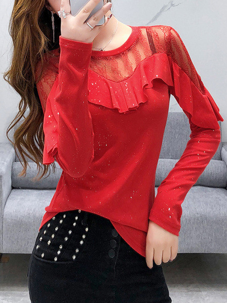 Ikdienas sieviešu blūze ar garām piedurknēm un mežģīnēm