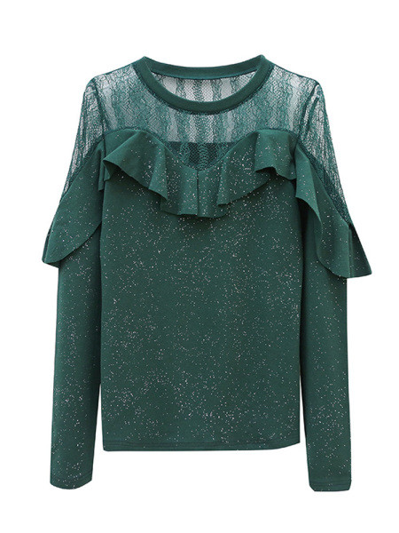 Ikdienas sieviešu blūze ar garām piedurknēm un mežģīnēm