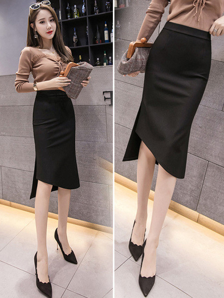 Elegantiškas moteriškas sijonas aukštu juosmeniu tiesaus modelio su skeltuku