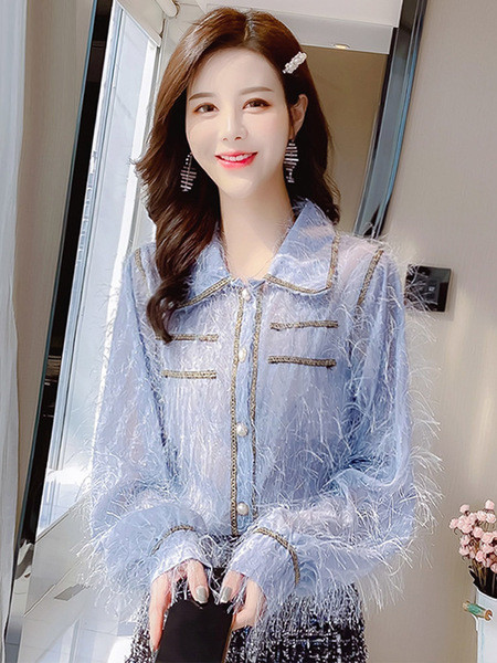 Sieviešu aktuāls krekls ar klasisku apkakli un bārkstīm