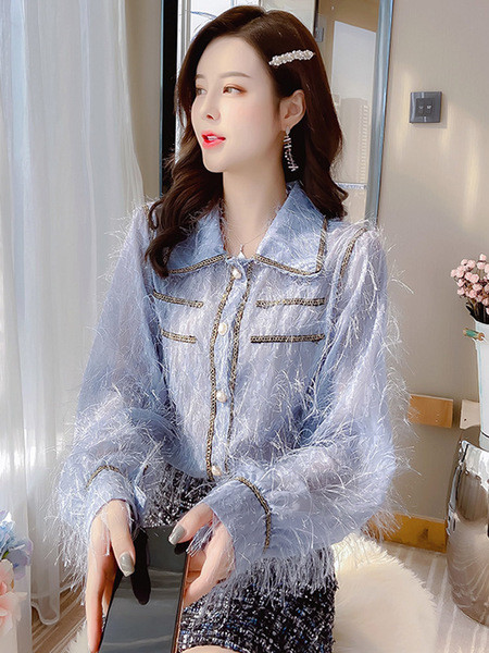 Sieviešu aktuāls krekls ar klasisku apkakli un bārkstīm