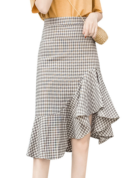 Moteriškas laisvalaikio languotas sijonas asimetrinis modelis aukštu juosmeniu