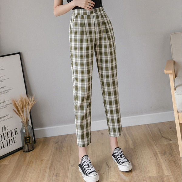 Pantaloni casual dama in carouri cu talie inalta si nasture