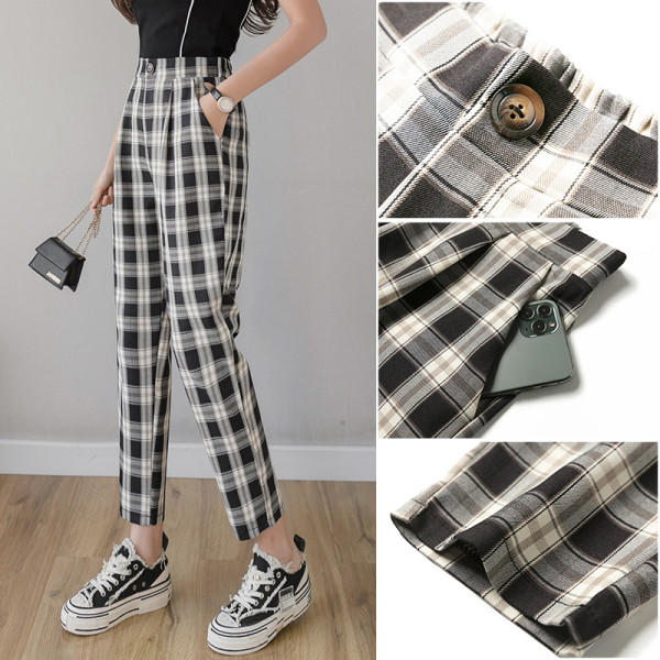 Pantaloni casual dama in carouri cu talie inalta si nasture