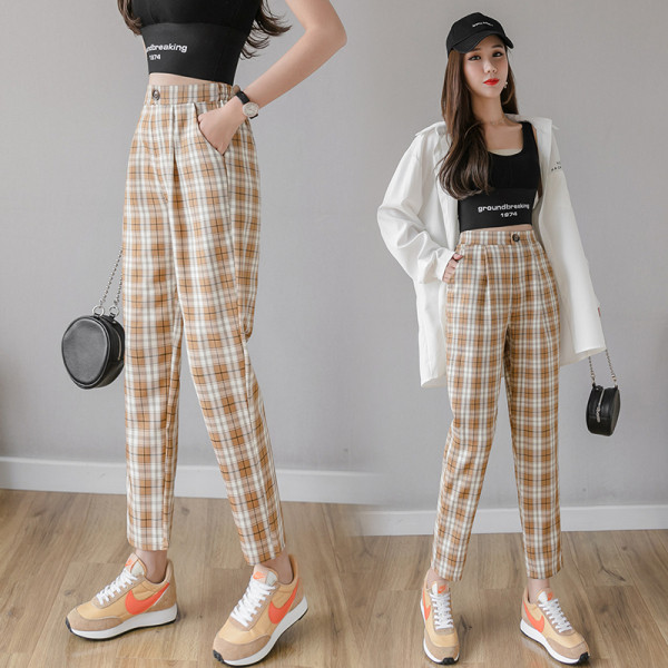 Pantaloni casual dama in carouri cu talie inalta si nasture