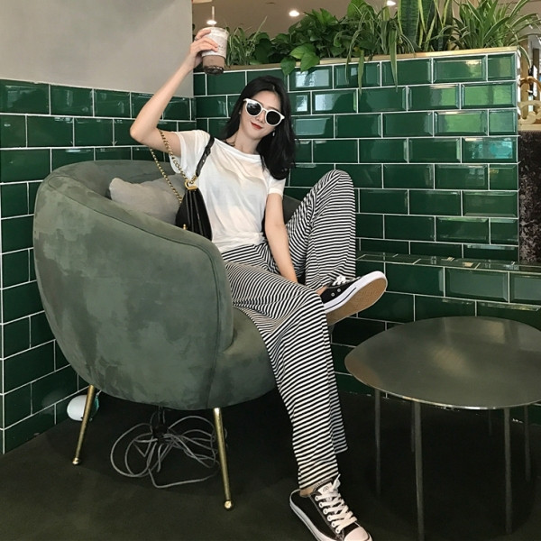 Platas sieviešu svītrainas bikses ar augstu vidukli