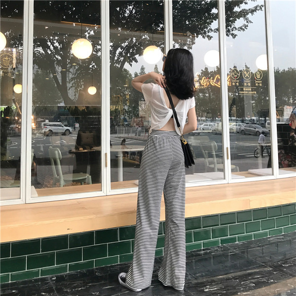 Platas sieviešu svītrainas bikses ar augstu vidukli