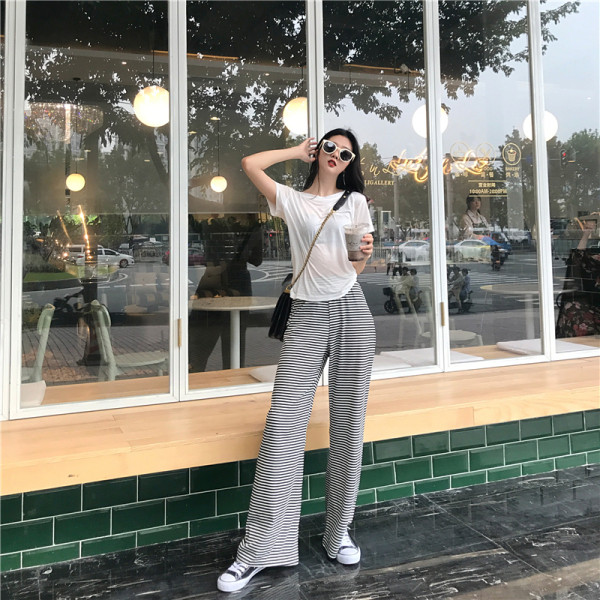 Platas sieviešu svītrainas bikses ar augstu vidukli