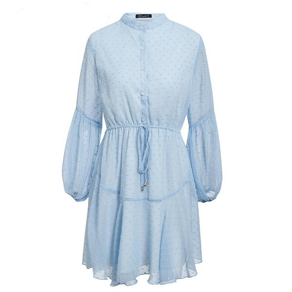 Modern női rövid ruha hosszú ujjal, magas gallérral és nyakkendővel