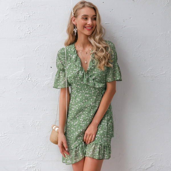 Alkalmi női rövid ruha rövid ujjú, virágmintás