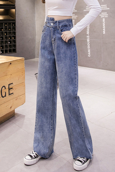 Laisvalaikio moteriški ilgi džinsai aukštu liemeniu – plataus modelio