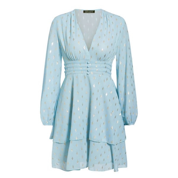 Rochie scurtă de damă modernă, cu decolteu adânc și mâneci lungi