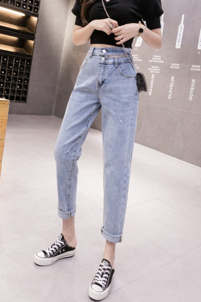 Sieviešu garie džinsi ar augstu vidukli un kabatām