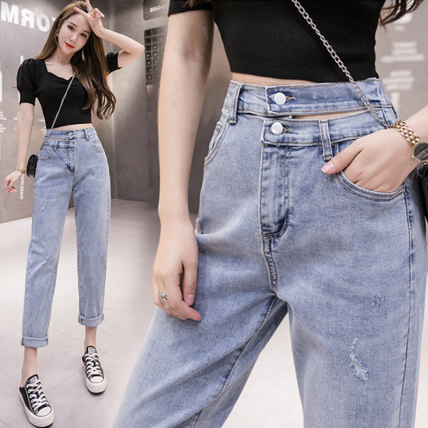 Sieviešu garie džinsi ar augstu vidukli un kabatām