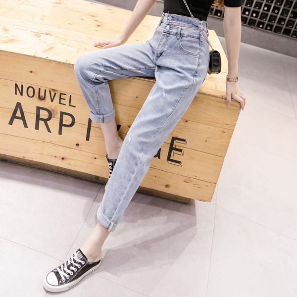 Sieviešu garie džinsi ar augstu vidukli un kabatām