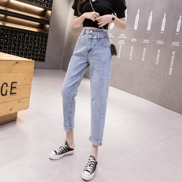 Sieviešu garie džinsi ar augstu vidukli un kabatām