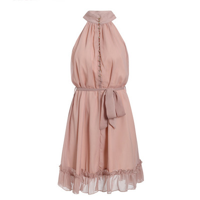 Stilinga trumpa moteriška suknelė apnuogintais pečiais ir diržu