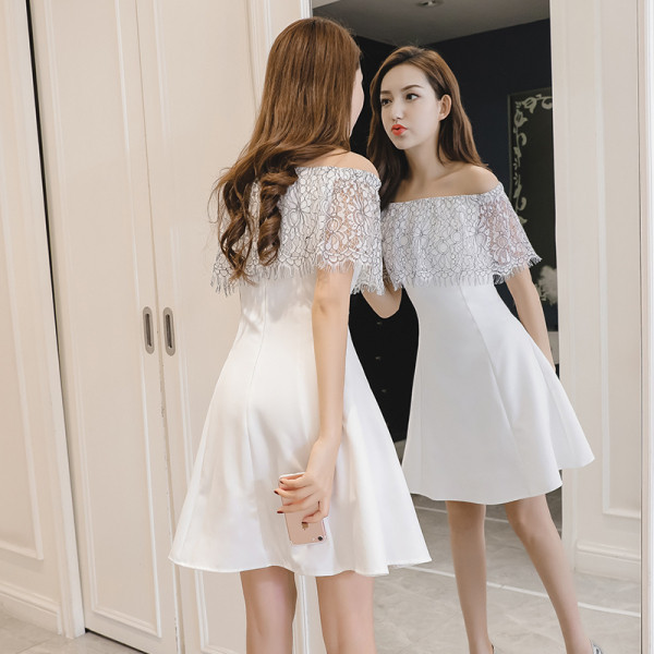 Rochie elegantă de damă, cu decolteu barcă și dantelă