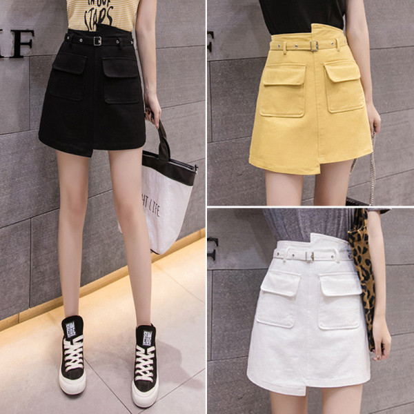 Sieviešu ikdienas īsi svārki ar augstu vidukli un kabatām - asimetrisks modelis