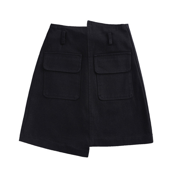 Sieviešu ikdienas īsi svārki ar augstu vidukli un kabatām - asimetrisks modelis