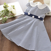 Naujo modelio vaikiška dryžuota suknelė trumpomis rankovėmis ir gėlėmis