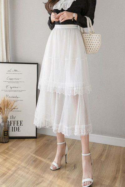 Fusta lungă casual de damă cu talie înaltă și dantelă