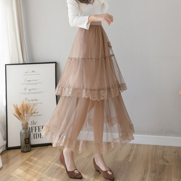 Fusta lungă casual de damă cu talie înaltă și dantelă