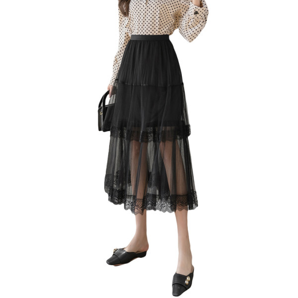 Fusta lungă casual de damă cu talie înaltă și dantelă