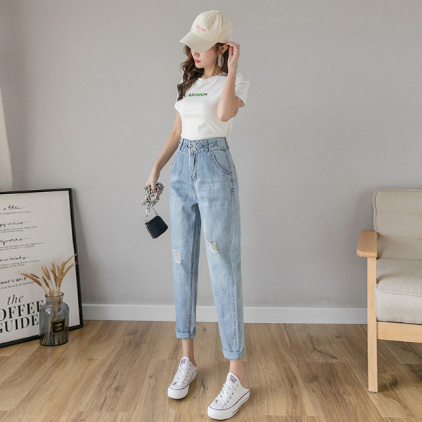 Blugi de dama lati cu talie inalta si motive rupte