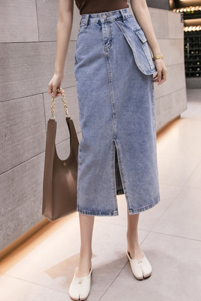 Női lezser hosszú farmerszoknya, magas derékkal és zsebekkel