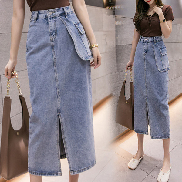 Női lezser hosszú farmerszoknya, magas derékkal és zsebekkel