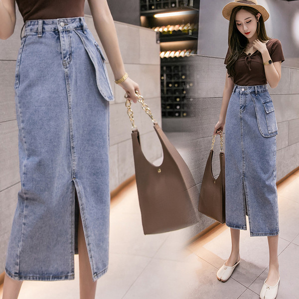 Női lezser hosszú farmerszoknya, magas derékkal és zsebekkel