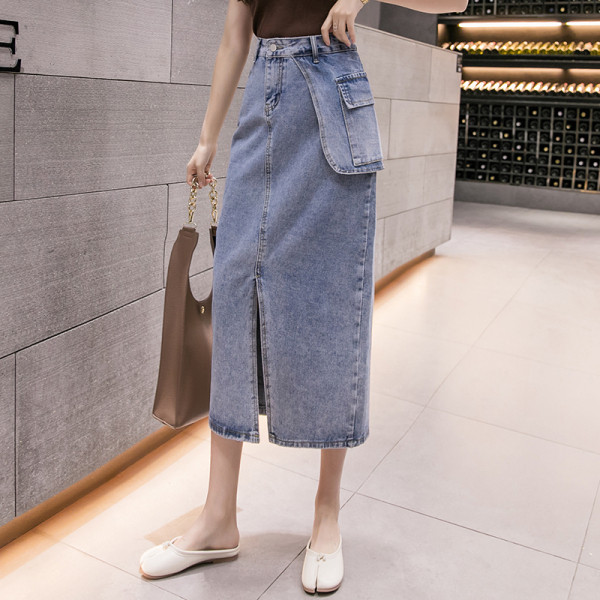 Női lezser hosszú farmerszoknya, magas derékkal és zsebekkel