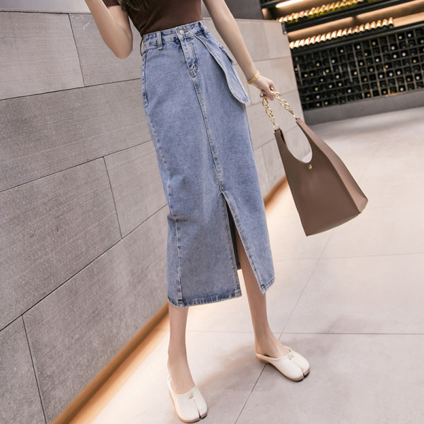 Női lezser hosszú farmerszoknya, magas derékkal és zsebekkel