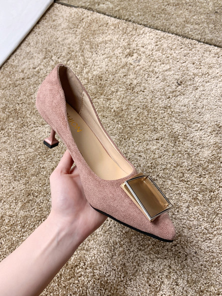 Pantofi de dama din piele intoarsa ecologica cu element metalic si toc jos de 5 cm