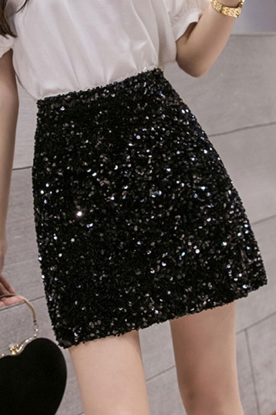 Fusta scurta de dama moderna cu talie inalta si paiete