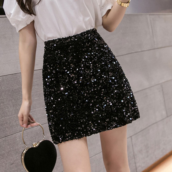 Fusta scurta de dama moderna cu talie inalta si paiete