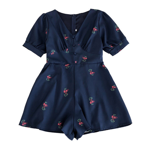 Moteriškas vasarinis kombinezonas V formos iškirpte ir trumpomis rankovėmis