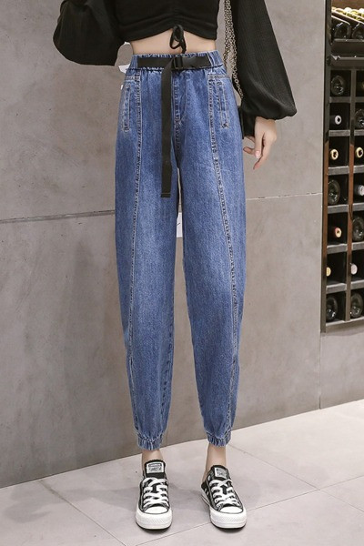 Blugi casual de dama cu elastic la glezne si curea