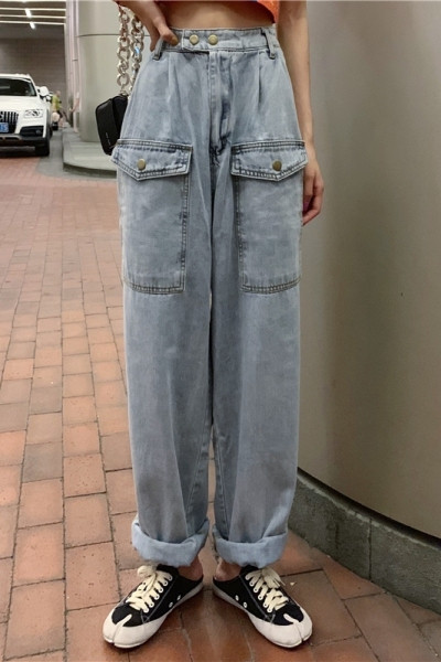 Blugi largi de dama cu talie inalta si buzunare mari