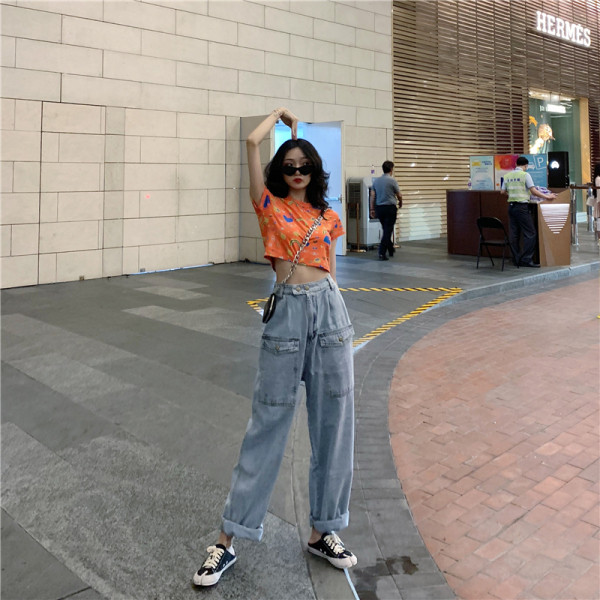 Blugi largi de dama cu talie inalta si buzunare mari