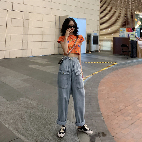 Blugi largi de dama cu talie inalta si buzunare mari