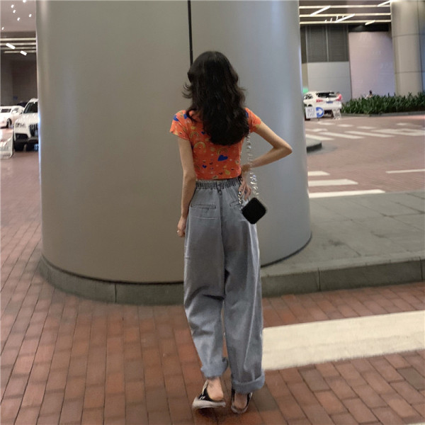 Blugi largi de dama cu talie inalta si buzunare mari