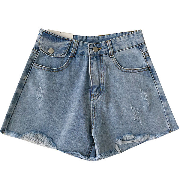 Pantaloni scurți din denim cu motive rupte și talie înaltă